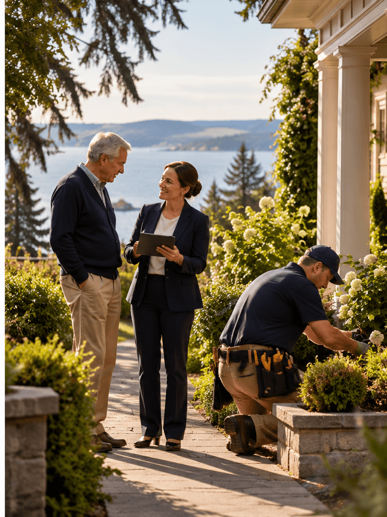 Two people discussing household arrangements beside a garden entrance.