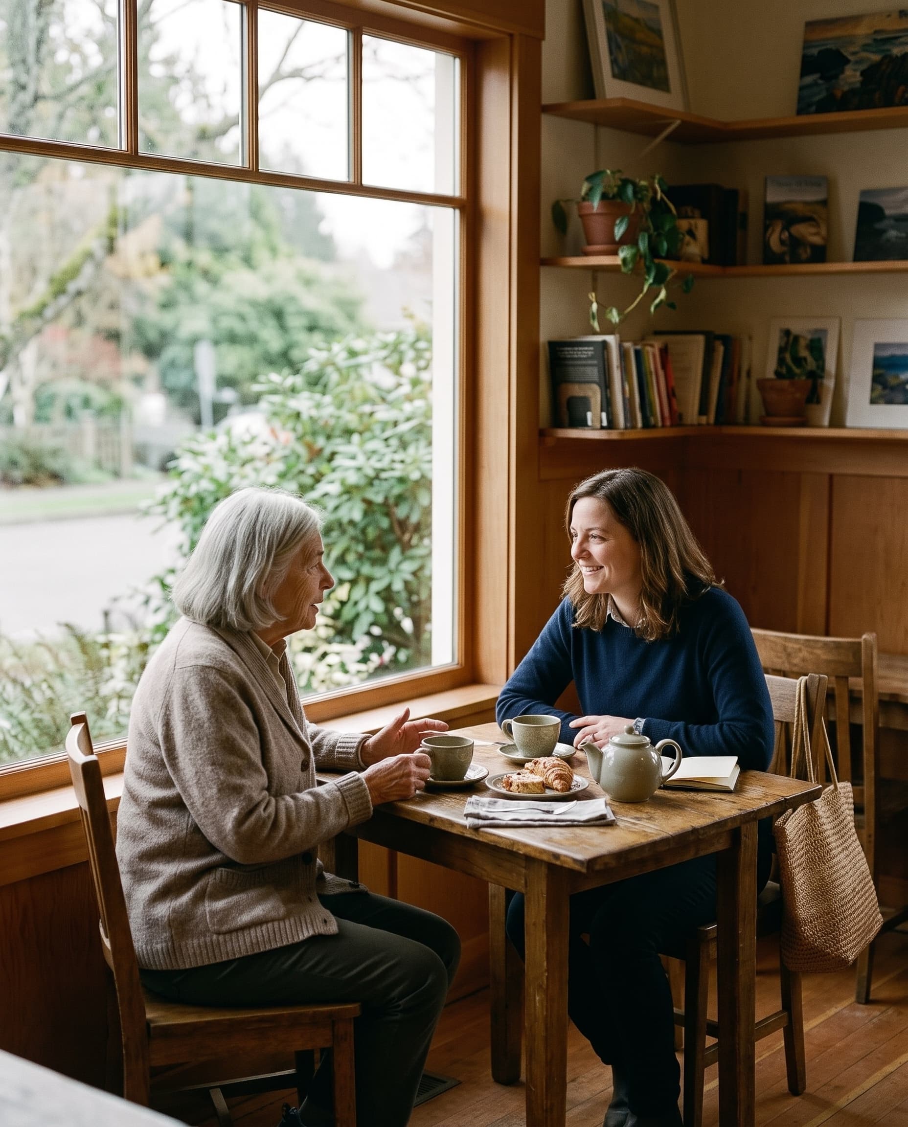 Two people enjoying conversation at a sunlit café table.