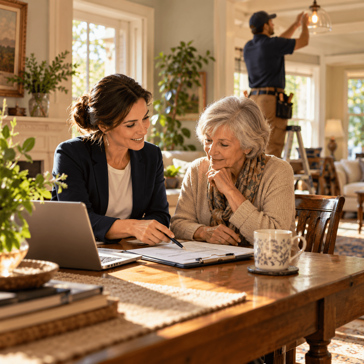 Two people reviewing household arrangements while work takes place in the home.