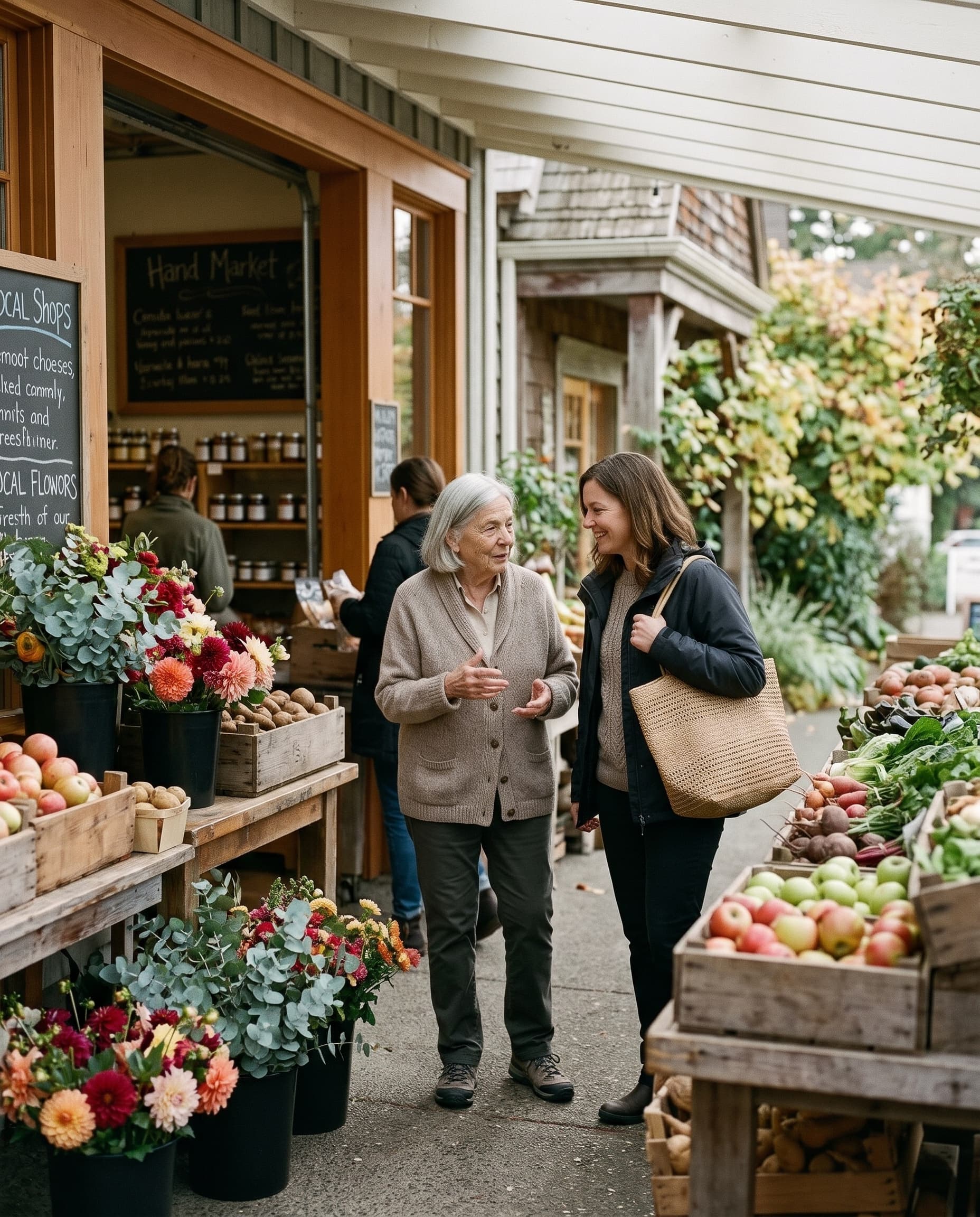 Two people choosing produce outside a neighbourhood market.