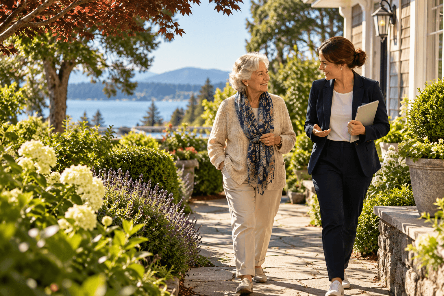 Two people walking together through a coastal garden.