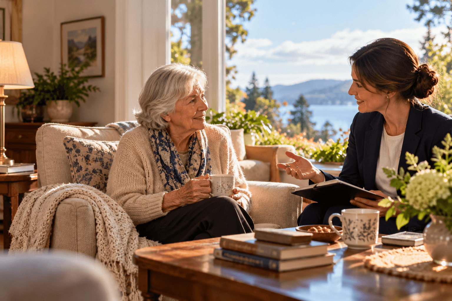 Two people discussing a notebook in a sunlit sitting room.
