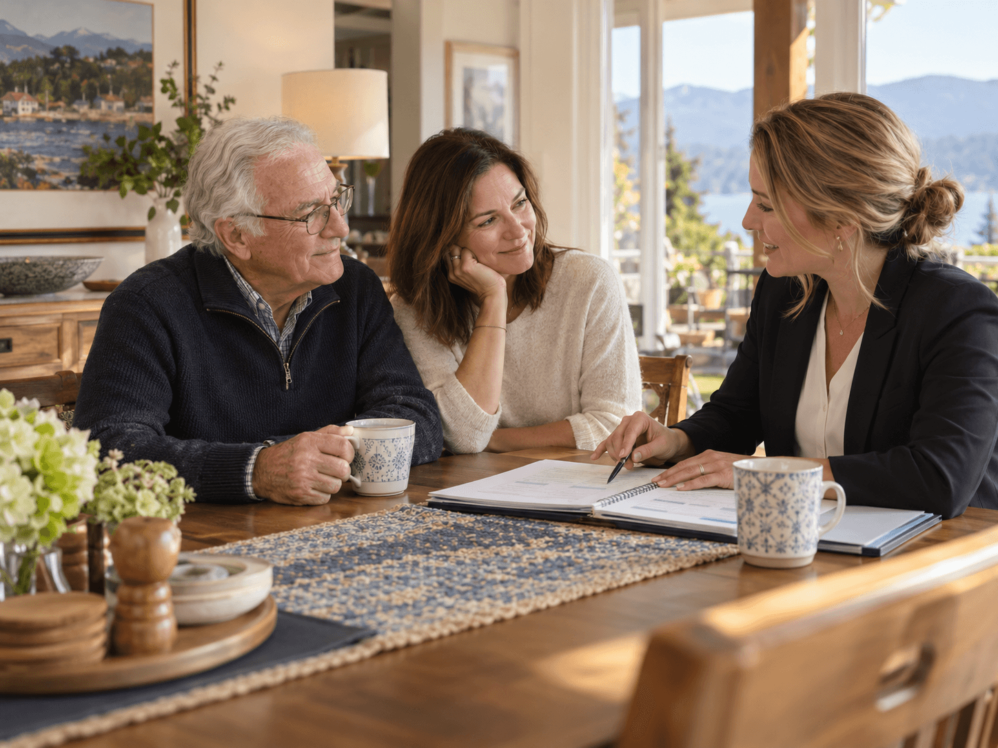 Three people discussing plans together at a table overlooking the coast.